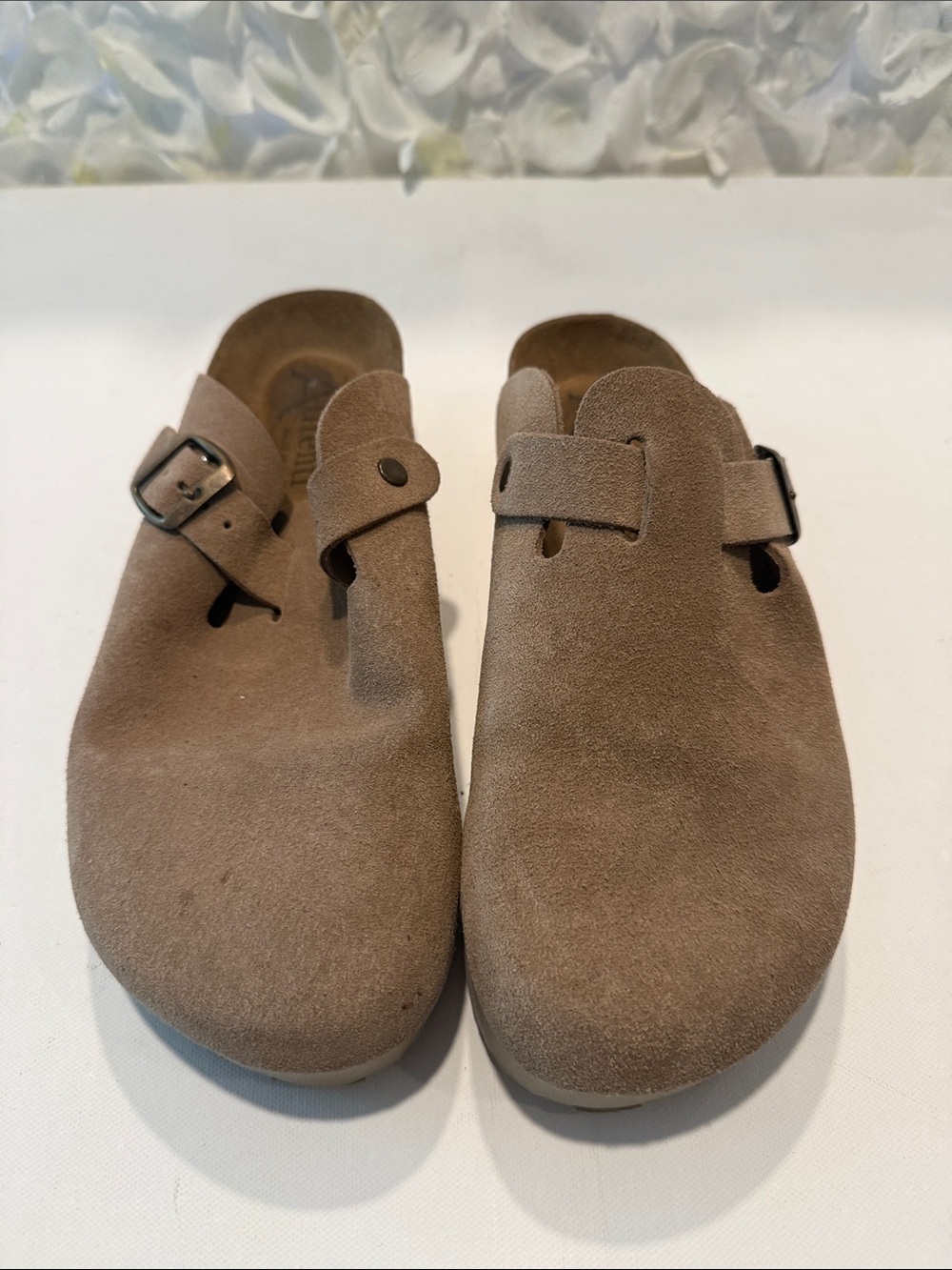 Taupe Suede Slip-On Clog with Buckle Detail